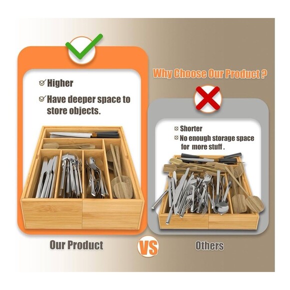 Kitchen Drawer Organizer Silverware Utensils Tools Tray Holder 3.5” H Expandable - Picture 2 of 7